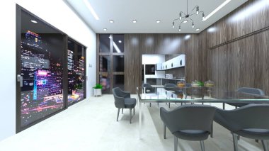 Yemek odasının gece görüşlü 3D görüntüsü.