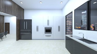 Yemek odasının gece görüşlü 3D görüntüsü.