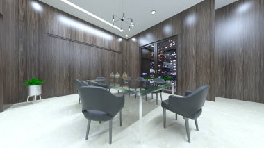 Yemek odasının gece görüşlü 3D görüntüsü.