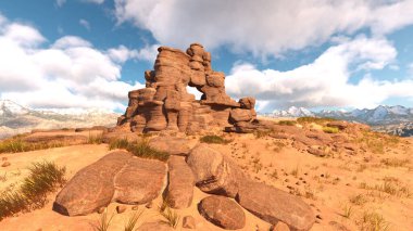 Kayalık bir dağın zirvesinin 3 boyutlu canlandırması