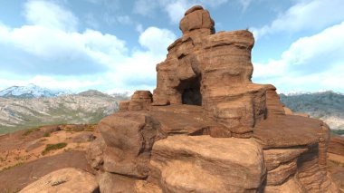 Kayalık bir dağın zirvesinin 3 boyutlu canlandırması