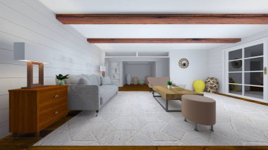 Oturma odasının gece görüşlü 3D görüntüsü