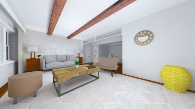 Oturma odasının gece görüşlü 3D görüntüsü