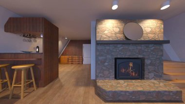 Oturma odasının şömineli 3D görüntüsü.