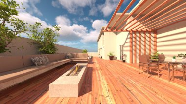 Evin ahşap balkonlu 3D görüntüsü.