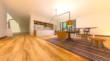 Büyük pencereli yemek odasının 3 boyutlu görüntüsü