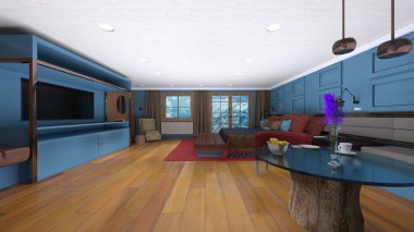 Dağ manzaralı oturma odasının 3 boyutlu görüntüsü