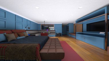 Dağ manzaralı oturma odasının 3 boyutlu görüntüsü