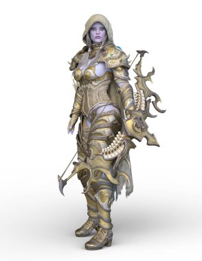 Ok ve yayla üç boyutlu bir kadın savaşçı tasviri.