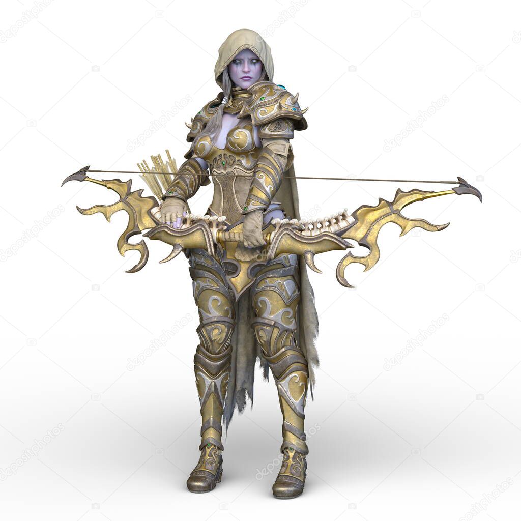 3D rendering of a female warrior with a bow and arrow