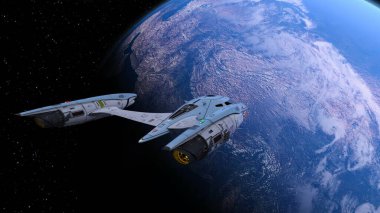 3D rendering of a spaceship and the earth