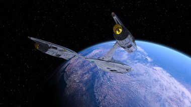 3D rendering of a spaceship and the earth