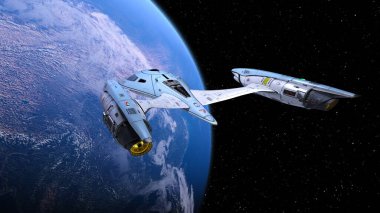 3D rendering of a spaceship and the earth