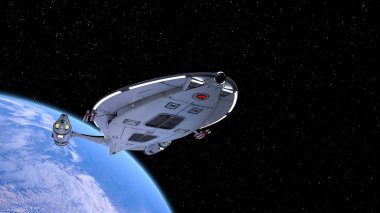 3D rendering of a spaceship and the earth
