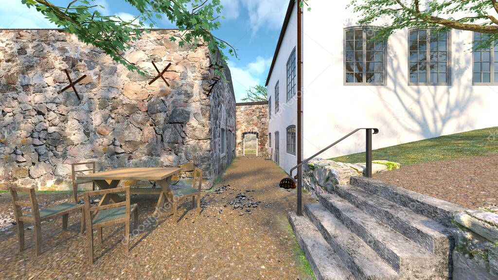 3D rendering of the stone house at the summit