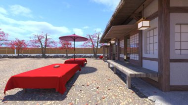 Japon çay evinin 3D görüntüsü.