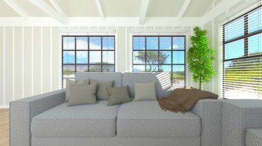 Büyük pencereli oturma odasının 3B görüntüsü
