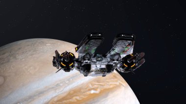 3D rendering of a spaceship and the planet