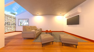 Deniz manzaralı yemek odasının 3 boyutlu görüntüsü