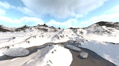 3D rendering of the snowy mountains