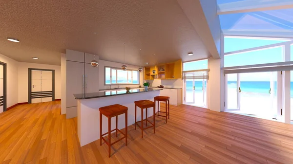 3D rendering of the dining room with sea view