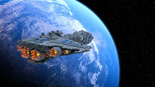 3D рендеринг космического корабля и Земли