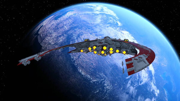 3D рендеринг космического корабля и Земли
