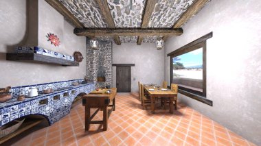 Yemek odası ve yemek mutfağının 3 boyutlu görüntüsü.