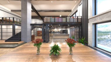 Büyük pencereli oturma odasının 3B görüntüsü