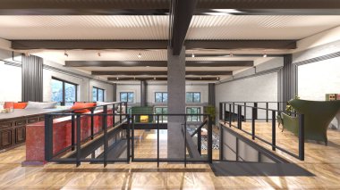 Büyük pencereli oturma odasının 3B görüntüsü