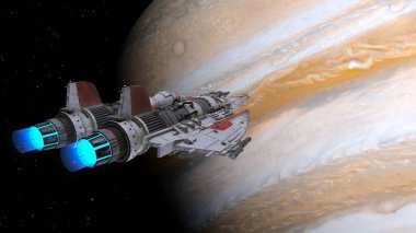 3D rendering of a spaceship and the planet