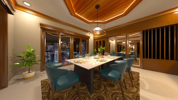 3D rendering of the dining room with night view