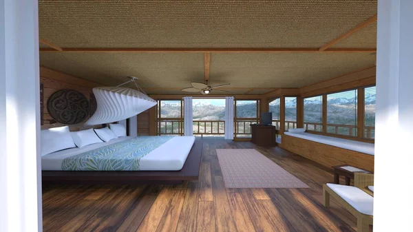 3D rendering of the bedroom with mountain view