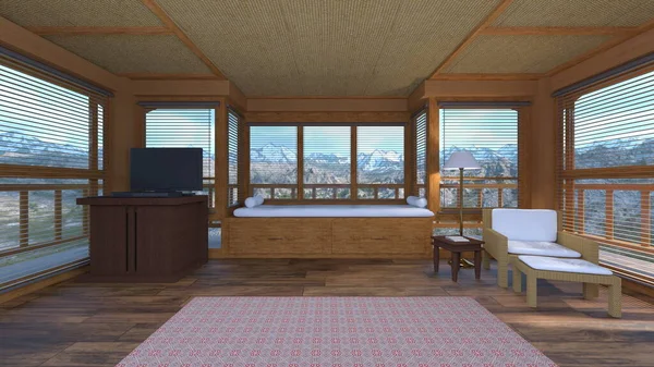 3D rendering of the bedroom with mountain view