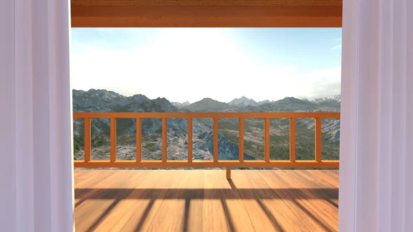 3D rendering of the bedroom with mountain view