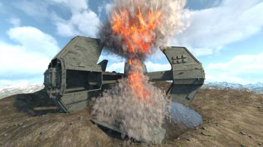 3D rendering of a crashed spaceship