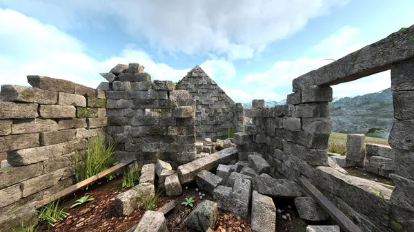 Rendering Collapsed Stone House Top Mountain — Fotografia de Stock
