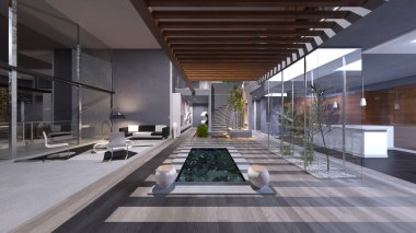 Oturma odası ve yemek mutfağının 3 boyutlu canlandırması