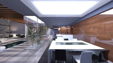 Oturma odası ve yemek mutfağının 3 boyutlu canlandırması