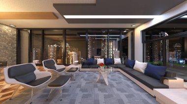 Oturma odasının gece görüşlü 3D görüntüsü