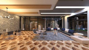 Oturma odasının gece görüşlü 3D görüntüsü