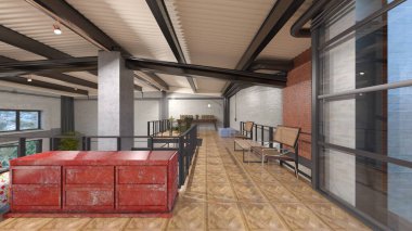 Dağ manzaralı oturma odasının 3 boyutlu görüntüsü