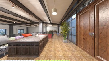 Dağ manzaralı oturma odasının 3 boyutlu görüntüsü