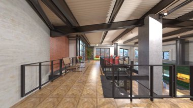 Dağ manzaralı oturma odasının 3 boyutlu görüntüsü