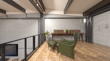 Dağ manzaralı oturma odasının 3 boyutlu görüntüsü