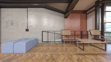 Dağ manzaralı oturma odasının 3 boyutlu görüntüsü