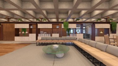 Oturma odası ve yemek odasının uzun sandalyeli 3 boyutlu görüntüsü.