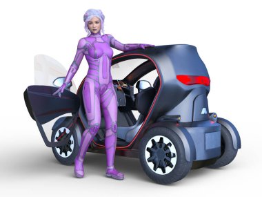 Küçük elektrikli aracın ve siber kadının 3 boyutlu çizimi