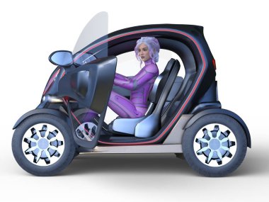 Küçük elektrikli aracın ve siber kadının 3 boyutlu çizimi