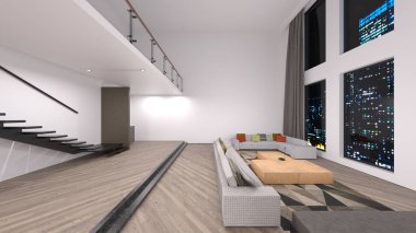 Oturma odasının gece görüşlü 3D görüntüsü